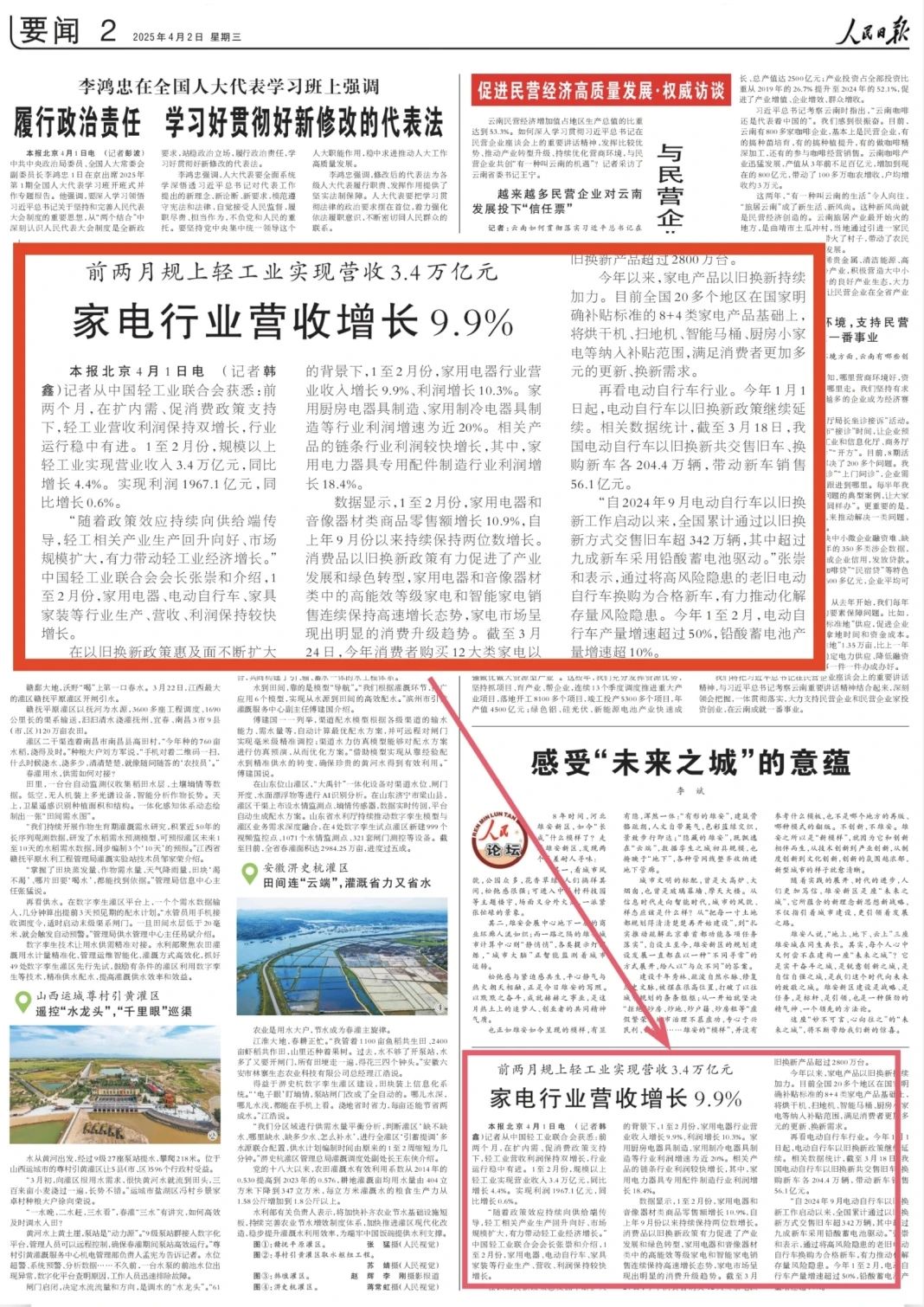 人民日报：前两月规上轻工业实现营收34万亿元